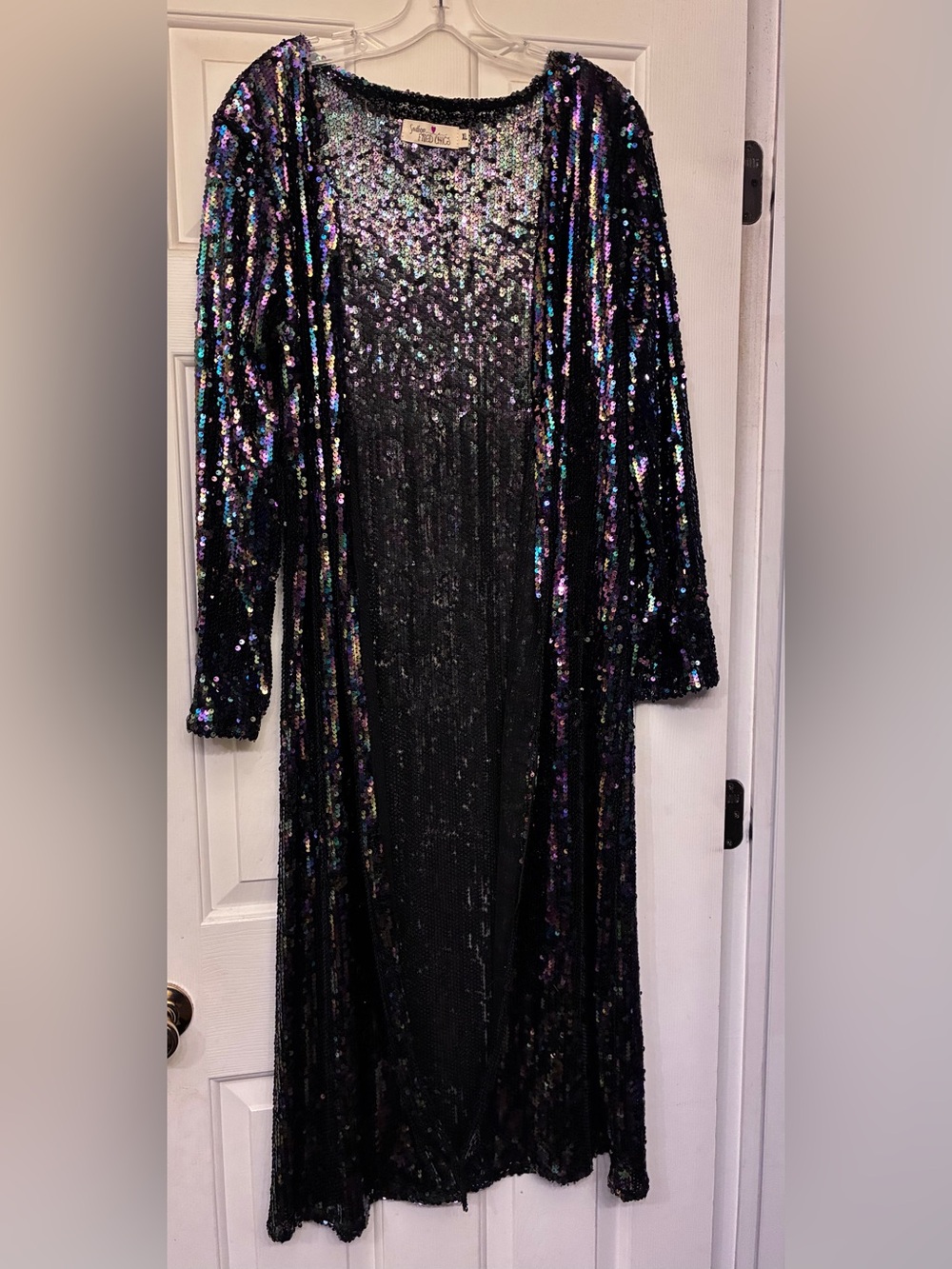Southern Fried Chics, Sequin Longline Duster/Kimono- dark Iridescent sequins, XL